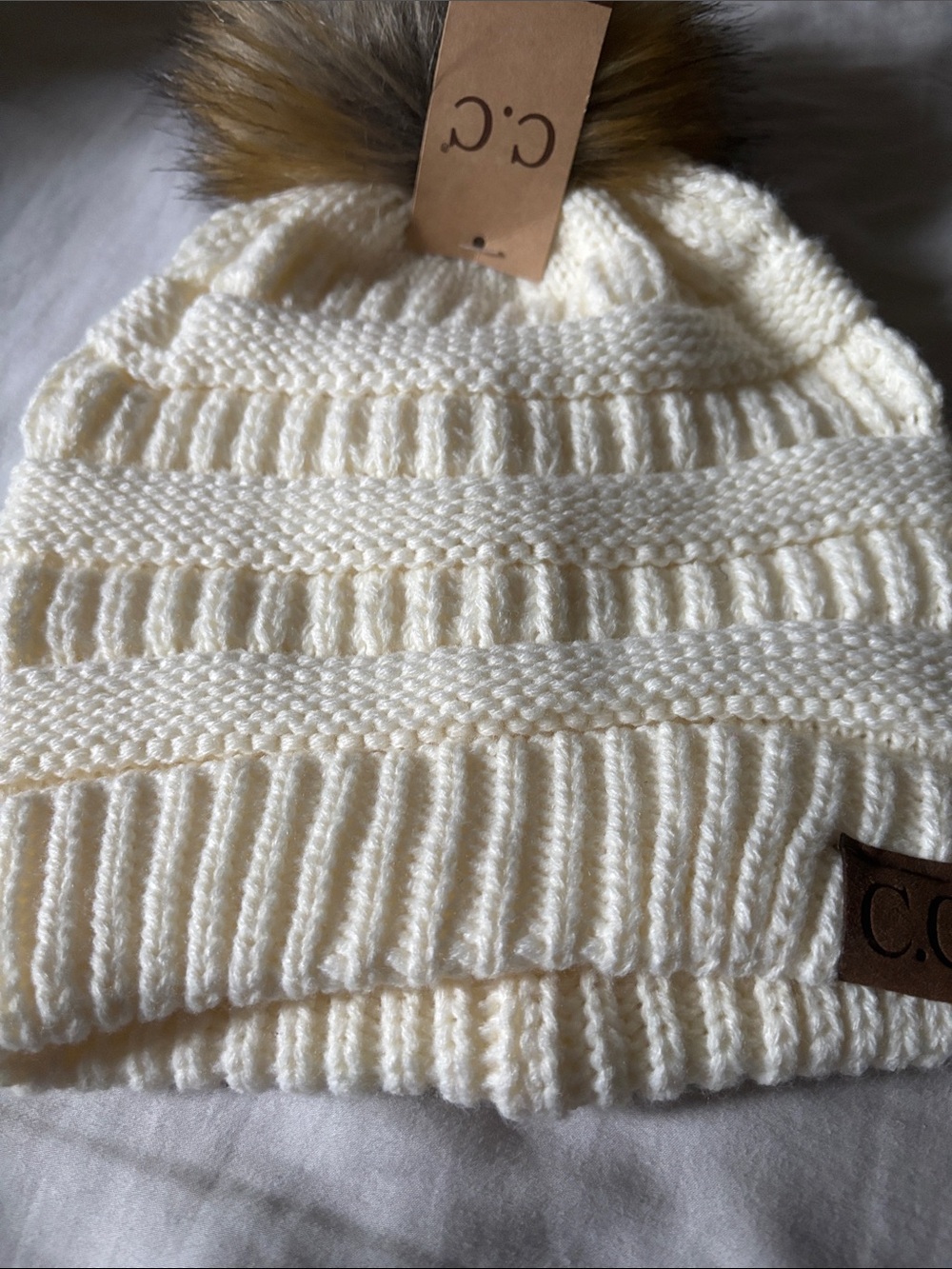 C.C Kids Cream Knit Beanie with Faux Fur Pom